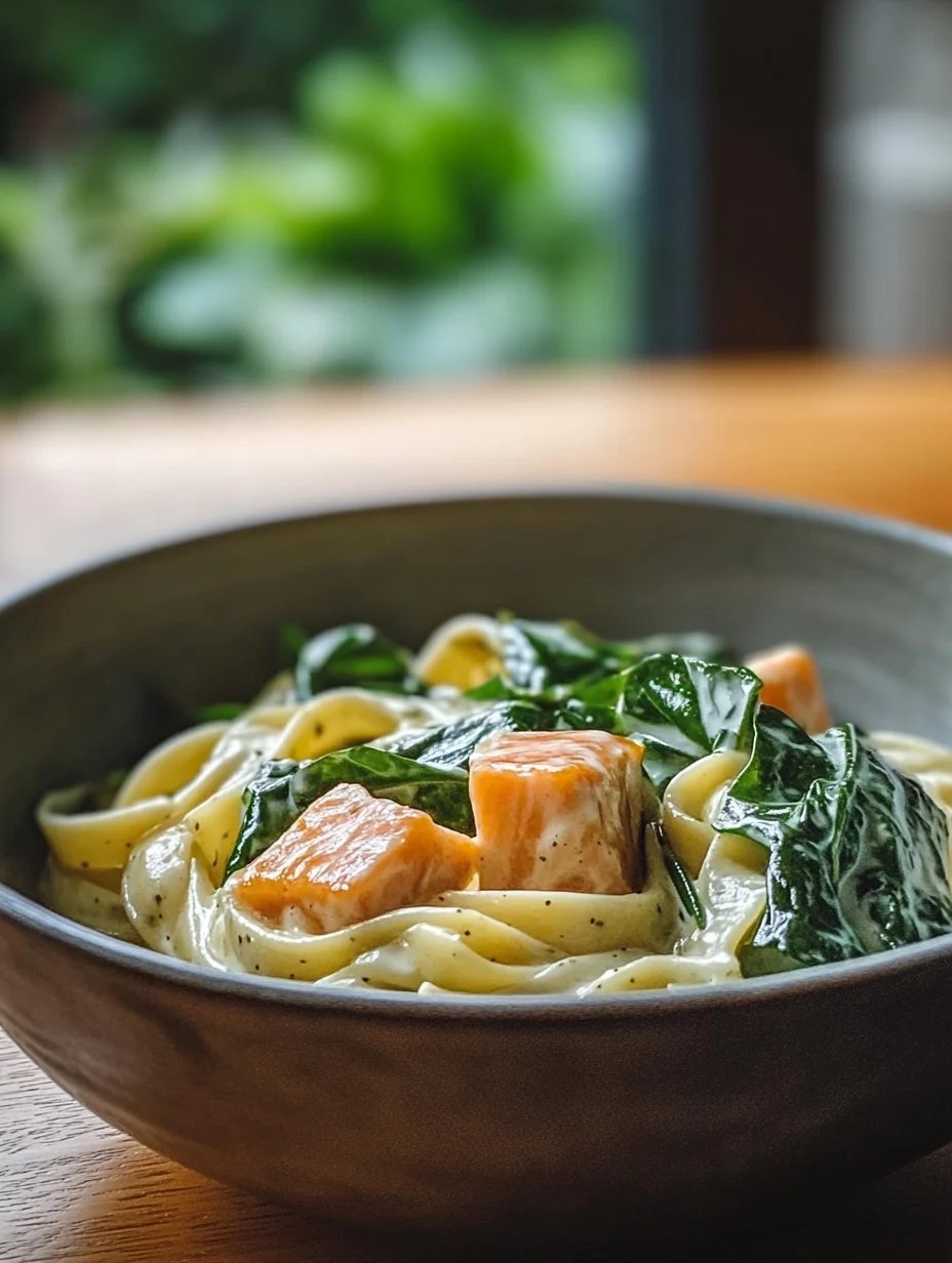 Nudeln in Lachs Sahne Soße mit Spinat