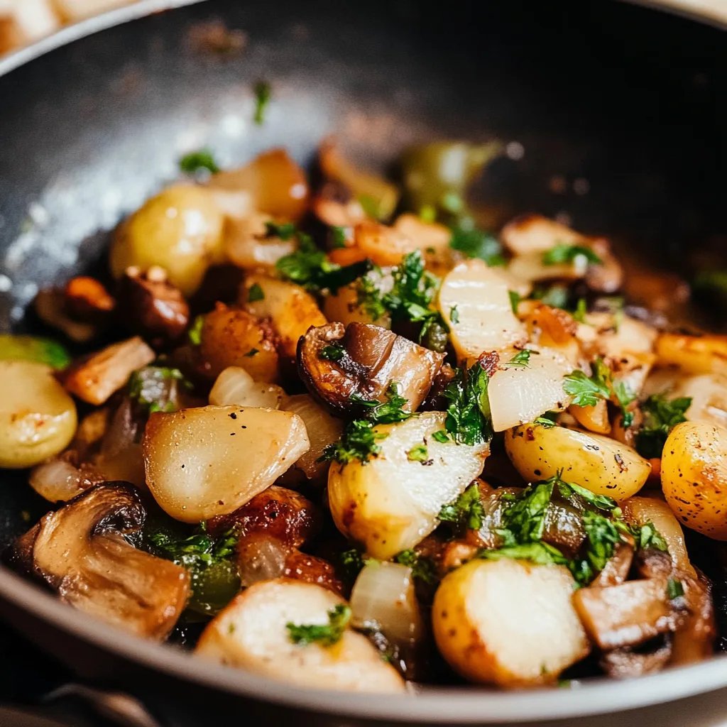 Kartoffelpfanne mit Rosenkohl und Champignons